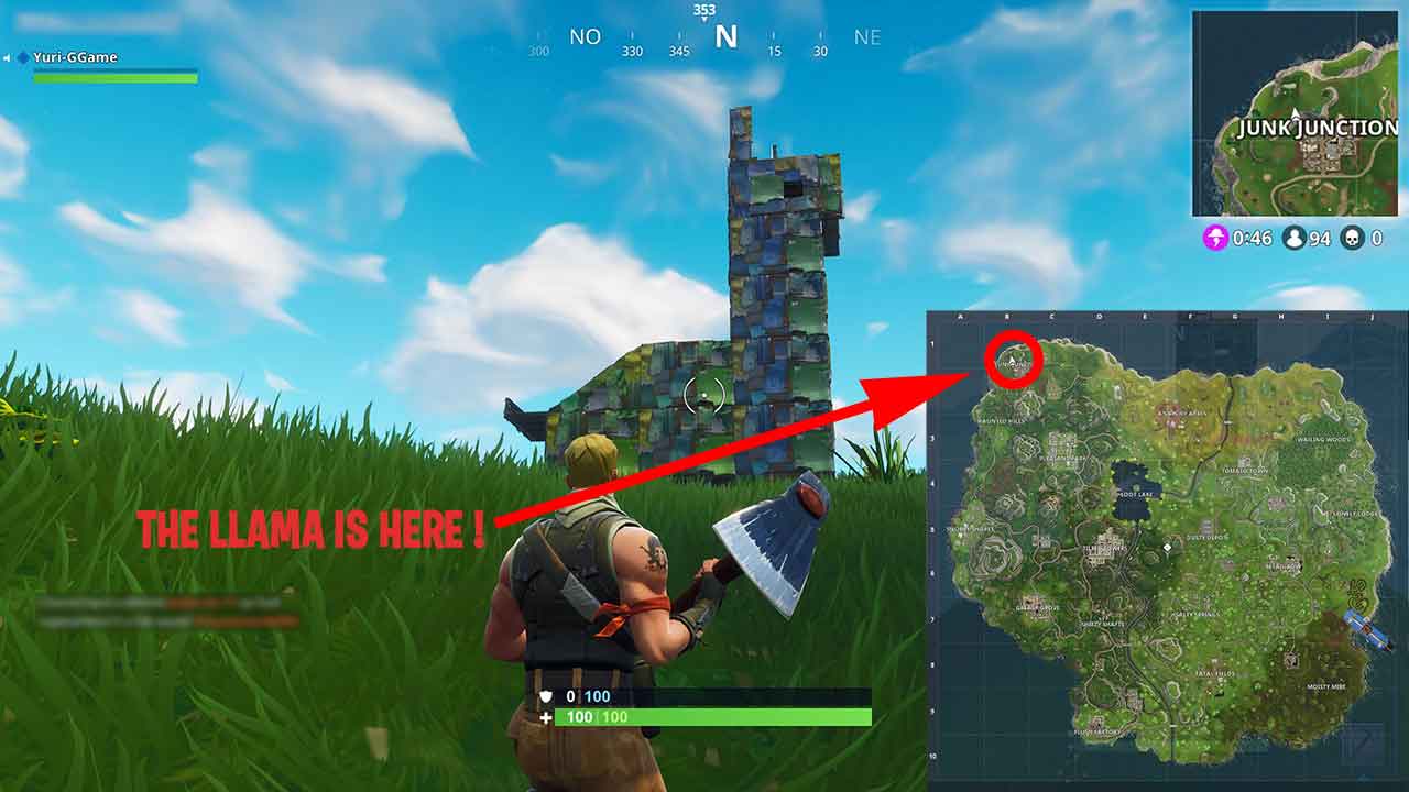you will find the llama near junk junction you will find the huge metal statue on a hill at the ends of the map north of junk junction - fortnite junk junction