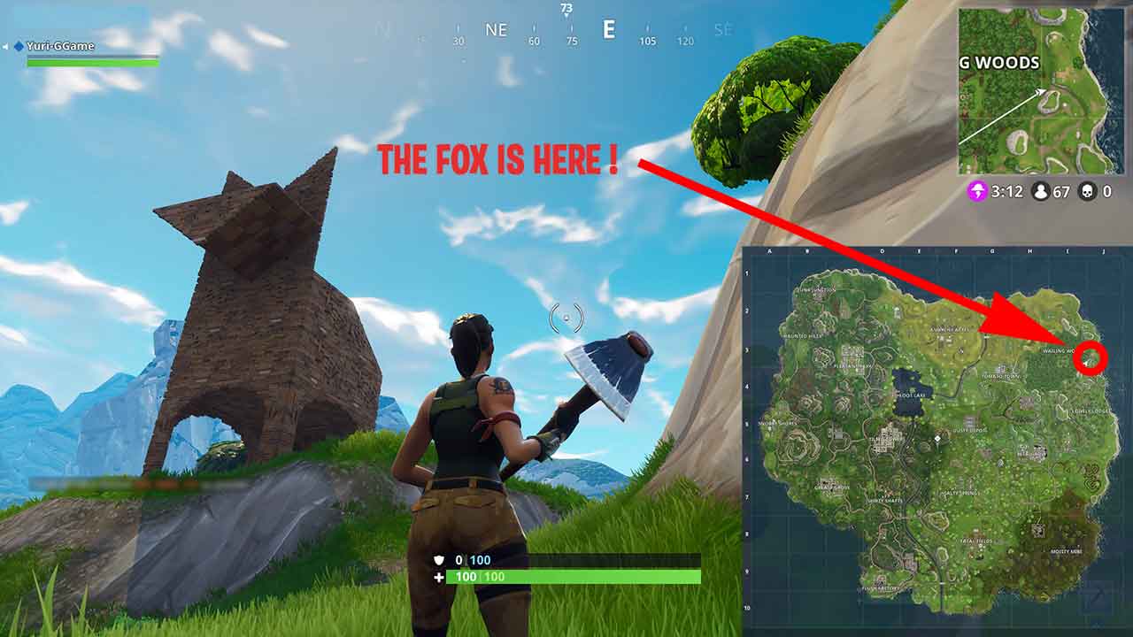 the stone statue of the fox is located near the forest of wailing woods you will find it on a hill that runs along the forest at the right end - fox statue fortnite