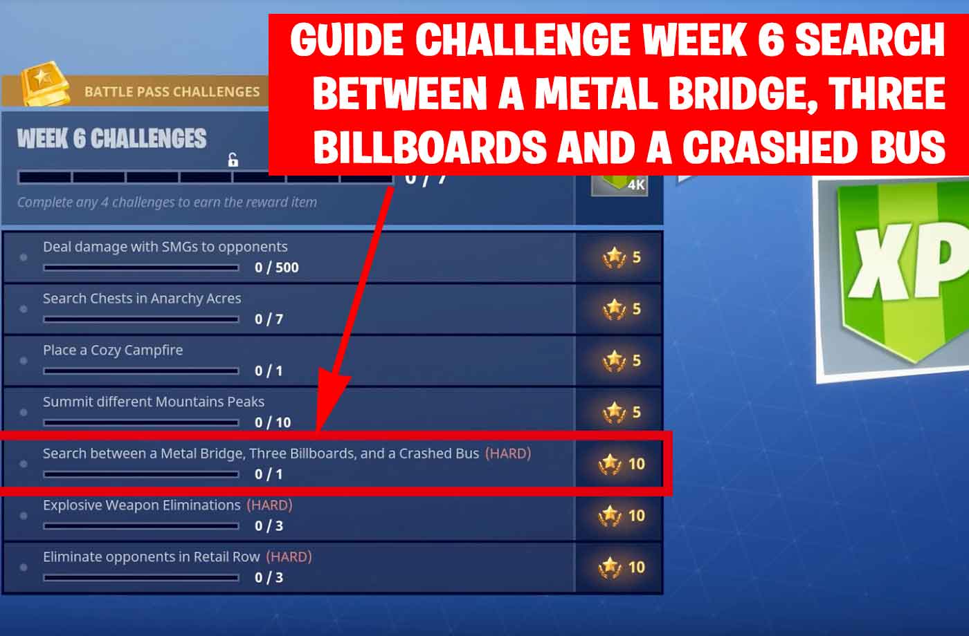 guide fortnite challenge week 6 search between a metal bridge three billboards and a crashed bus - week six fortnite challenges