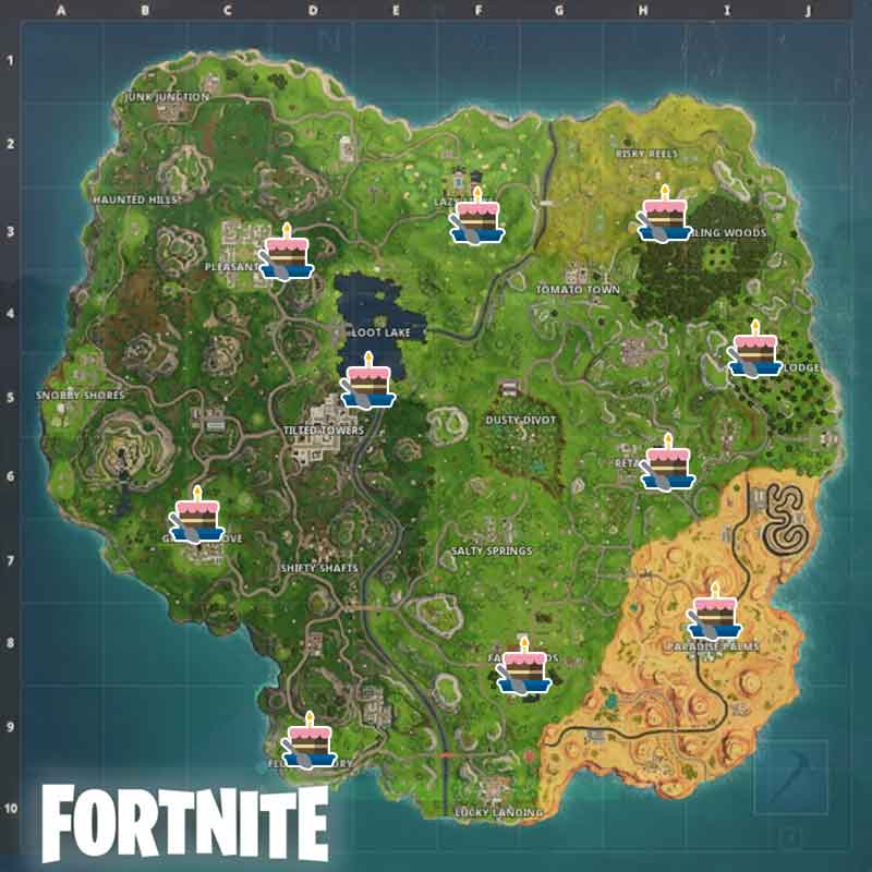 Fortnite Birthday Cake Locations Season Nine Fortnite Anniversary Challenge Where The 10 Birthday Cakes Are Located Kill The Game